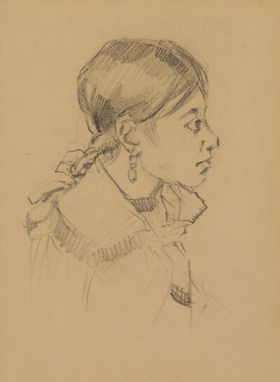 Konrad Mägi. Mustlastüdruku portree-etüüd. u 1915. Pliiats, pöördelt pruunikas paber. Lm 31,1 x 22,1 cm. ; Vm 23 x 17 cm. Alghind: 7000 €