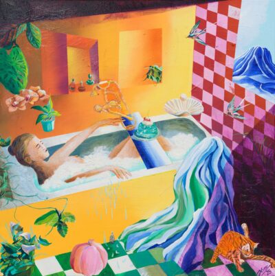 Henrik Esse. Alateadvuse oaas (elagu vanniskäigud). 2025. Akrüül, õli, aerosool, pärltekstuurpasta, lakk, lõuendil. 100 x 100 cm. Alghind: 1400 €