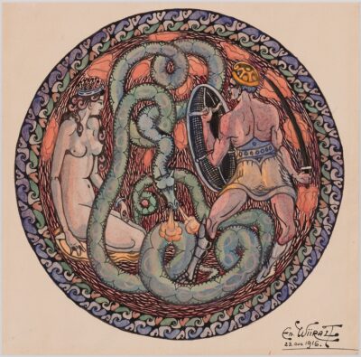 Eduard Wiiralt. Püha Jüri printsessiga. 1916. Tušš, akvarell, paber. Lm 24,8 x 24,3 cm. Diameeter 22,1 cm. Alghind: 12000 €