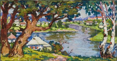 Anatoli Kaigorodov. Asula jõe ääres. 1937. Akvarell, guašš, tušš, paber. Lm 16,5 x 30 cm. ; Km 15 x 28,5 cm. Alghind: 2300 €