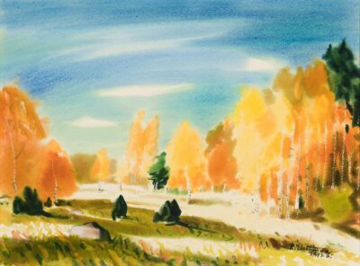 Richard Uutmaa. Kuldne sügis. 1973. Akvarell, paber. Lm 35,7 x 47,8 cm. ; Vm 34,6 x 46,5 cm. Alghind: 1200 €