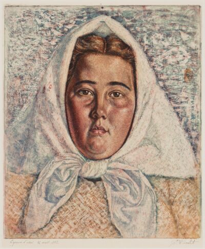 Eduard Wiiralt. Eesti neiu. 1942. Värviline akvatinta, paber. Lm 63,2 x 49,7 cm. ; Plm 38,7 x 33 cm. Alghind: 5800 €