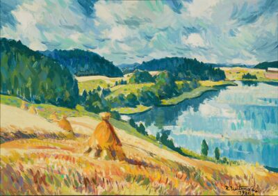 Richard Uutmaa. Lõuna-Eesti. 1975. Õli, lõuend kleebitud papile. 50 x 69,4 cm. Alghind: 28500 €